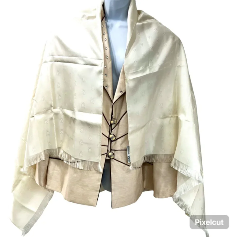 New Unbox HERMES  Stole scarf wrap 100% Silk Satin 58"x36" Ivery Bees FringW/C/A - Picture 3 of 15